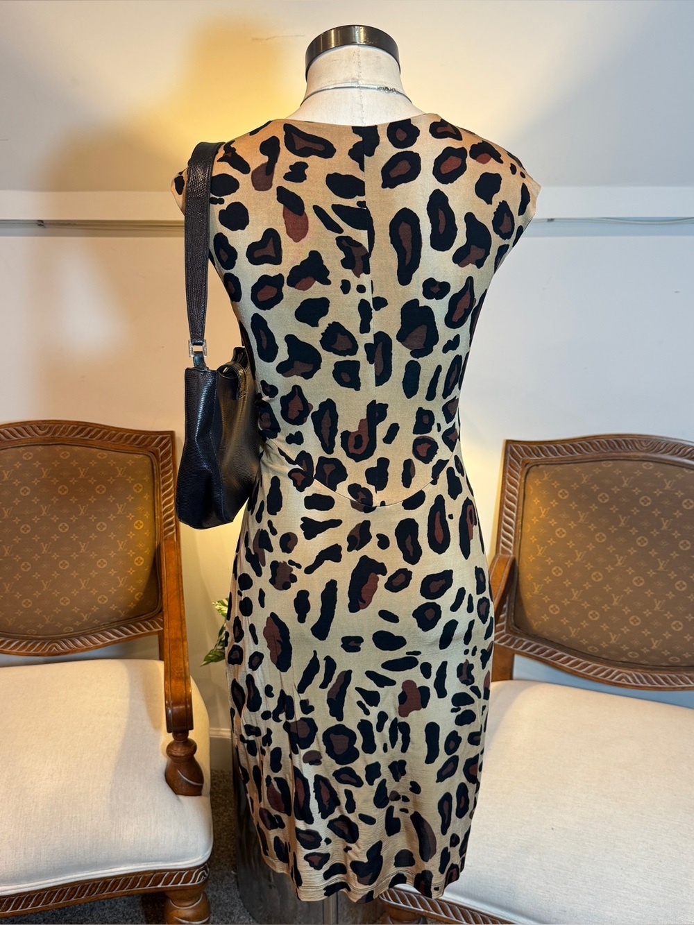 Vintage Cache Sexy Leopard Print Midi Slip Dress S with Wood Belt Ring Detail - Picture 3 of 4